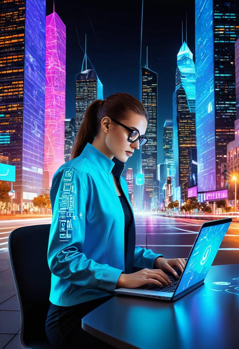 A futuristic cityscape where buildings are holographic screens displaying vibrant digital content, with a central figure working on a sleek laptop integrated into the city grid, surrounded by icons representing web development and digital solutions like coding symbols, SEO graphs, and social media. vibrant colors. super-realistic.