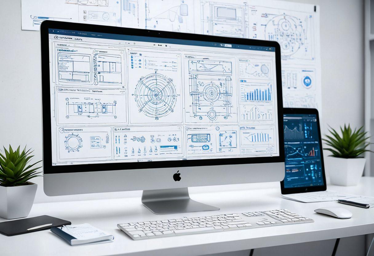 A sleek, ultra-modern website interface on a high-resolution computer screen, surrounded by technical blueprints, coding scripts, design sketches, and management flowcharts. Hints of futuristic elements like holographic displays and augmented reality tools. The ambiance should be tech-savvy and professional. hyper-realistic. vibrant colors. white background.