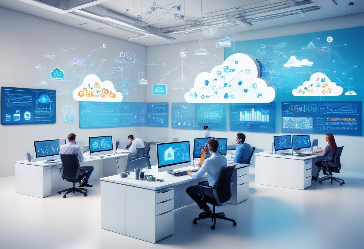 A sleek, modern office space with professionals collaborating on digital interfaces, like laptops and large screens displaying analytics, coding, and web designs. Include icons of cloud services, SEO graphs, and social media metrics hovering around them. tech-blue color scheme. 3D style. vibrant colors. white background.